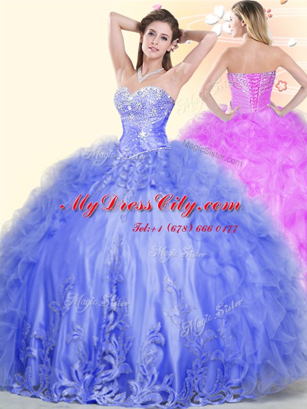 Designer Ball Gowns Quinceanera Dress Blue Sweetheart Tulle Sleeveless Floor Length Lace Up