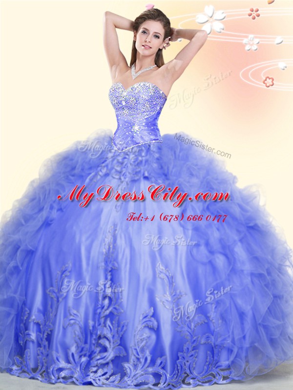 Designer Ball Gowns Quinceanera Dress Blue Sweetheart Tulle Sleeveless Floor Length Lace Up