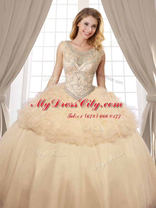Custom Made Three Piece Champagne Scoop Neckline Beading and Ruffles Quinceanera Dress Sleeveless Lace Up