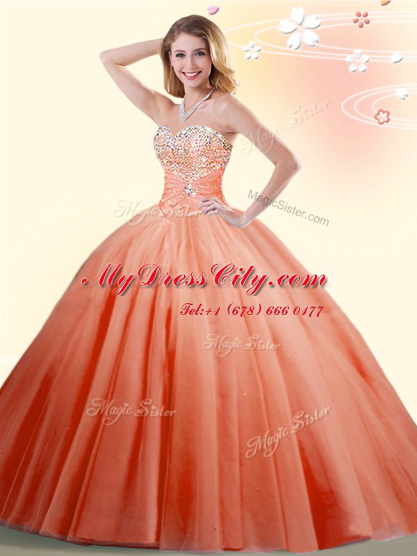 Top Selling Orange Red Tulle Lace Up Quince Ball Gowns Sleeveless Floor Length Beading