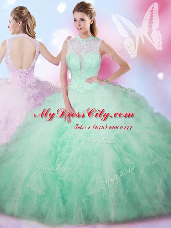 Fantastic Apple Green Tulle Lace Up 15 Quinceanera Dress Sleeveless Floor Length Beading and Ruffles