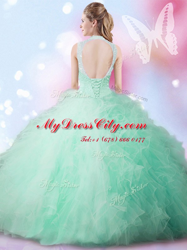 Fantastic Apple Green Tulle Lace Up 15 Quinceanera Dress Sleeveless Floor Length Beading and Ruffles