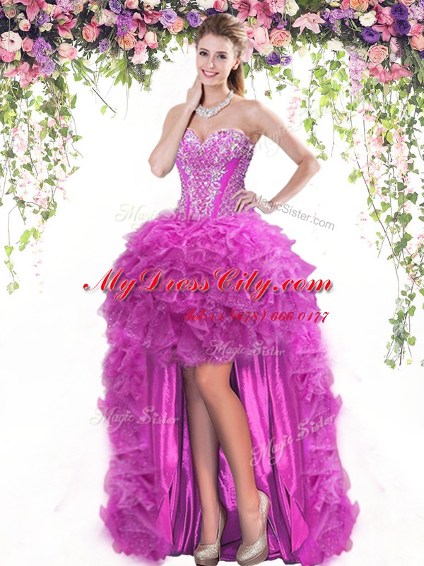 Dramatic Ball Gowns Junior Homecoming Dress Fuchsia Sweetheart Tulle Sleeveless High Low Lace Up