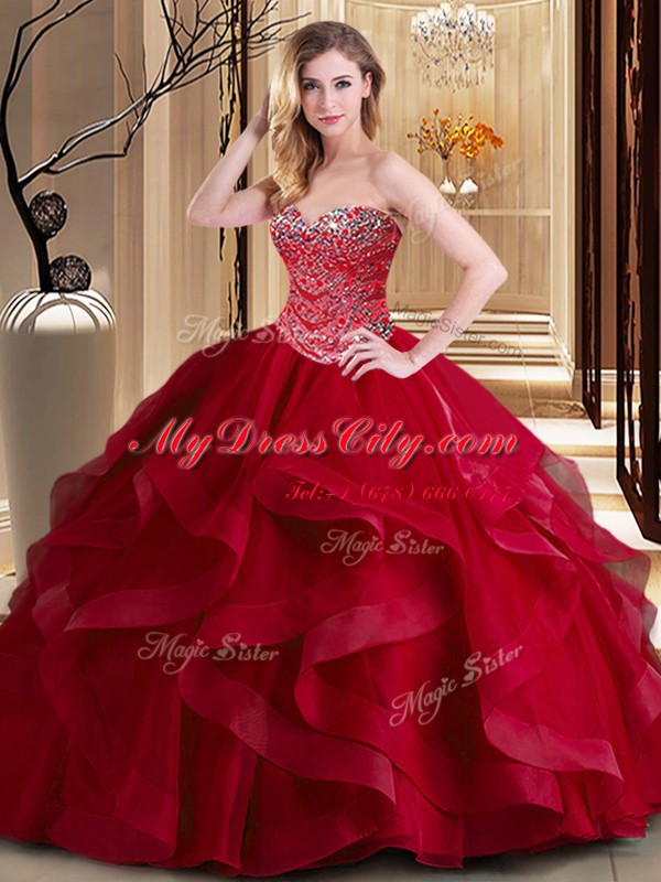 Eye-catching Wine Red Sleeveless Tulle Lace Up 15th Birthday Dress for Military Ball and Sweet 16 and Quinceanera
