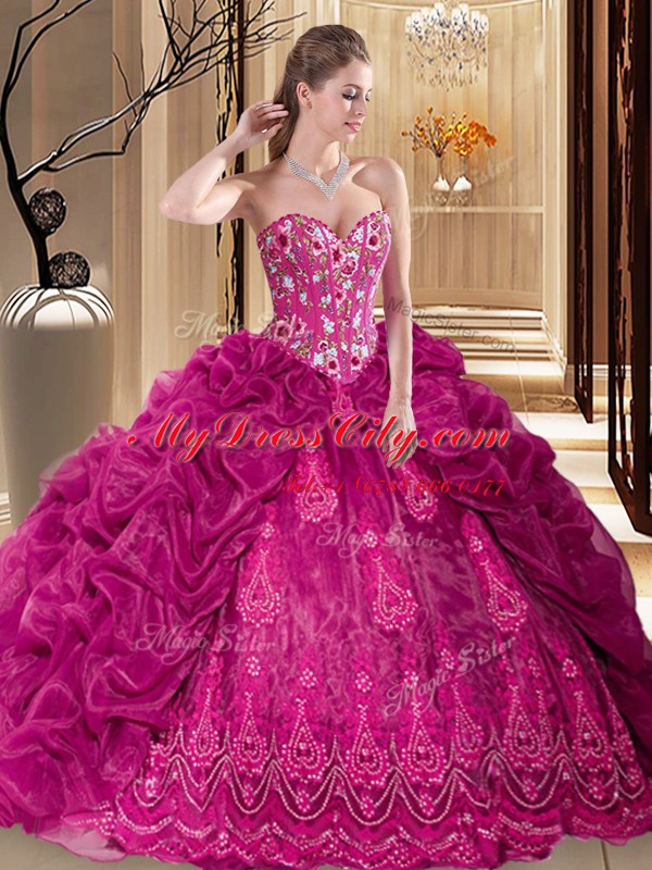 Fuchsia Organza Lace Up Sweetheart Sleeveless Quinceanera Dress Court Train Embroidery and Pick Ups