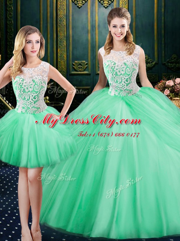 Attractive Three Piece Scoop Apple Green Sleeveless Lace and Pick Ups Floor Length Quinceanera Gowns