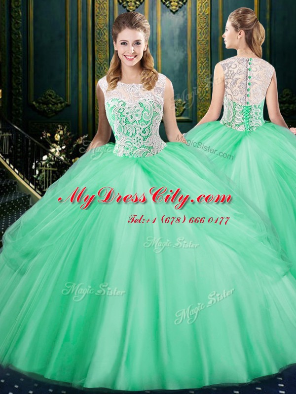 Attractive Three Piece Scoop Apple Green Sleeveless Lace and Pick Ups Floor Length Quinceanera Gowns