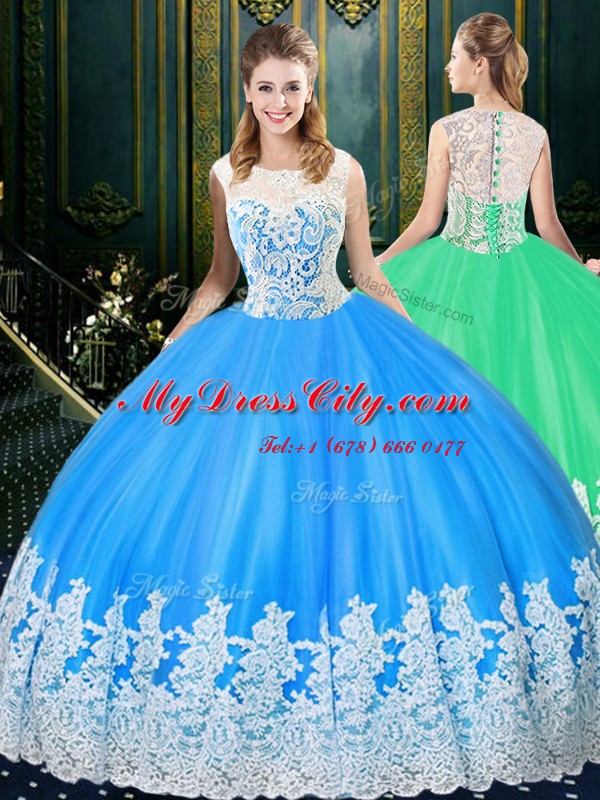 Scoop Floor Length Zipper Quinceanera Gowns Baby Blue for Military Ball and Sweet 16 and Quinceanera with Lace and Appliques