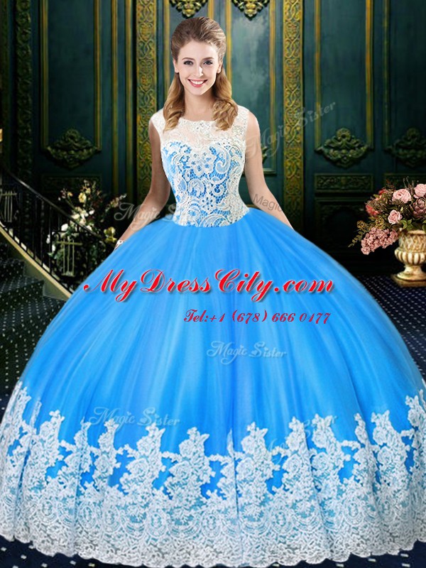 Scoop Floor Length Zipper Quinceanera Gowns Baby Blue for Military Ball and Sweet 16 and Quinceanera with Lace and Appliques