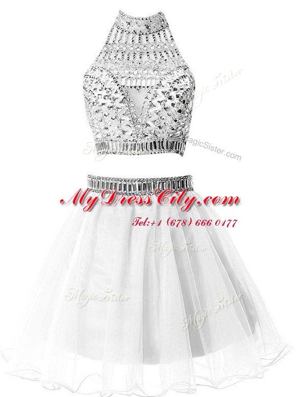 Silver Prom Dresses Prom and Party and For with Beading High-neck Sleeveless Zipper