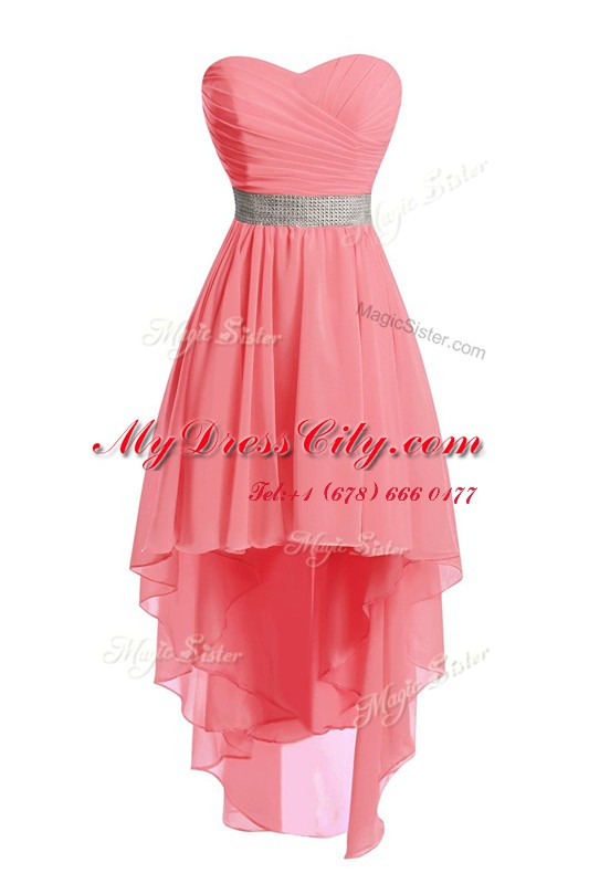 Fashion Watermelon Red Organza Lace Up Sweetheart Sleeveless High Low Belt