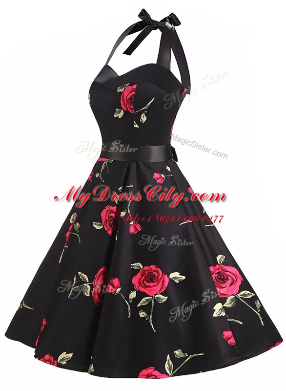 Super Halter Top Black Chiffon Zipper Prom Dresses Sleeveless Knee Length Sashes ribbons and Pattern