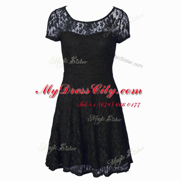 Dramatic Scoop Lace Juniors Party Dress Black Side Zipper Short Sleeves Tea Length