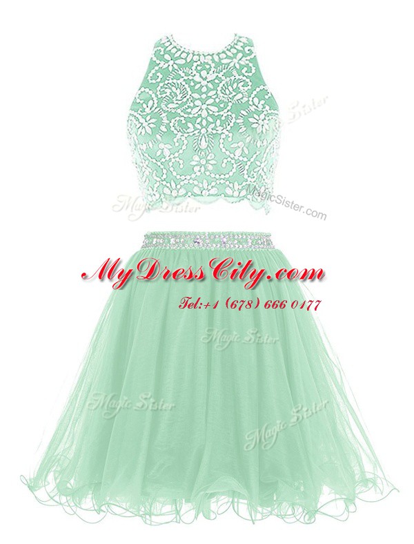 Halter Top Apple Green Sleeveless Mini Length Beading Clasp Handle Evening Dress