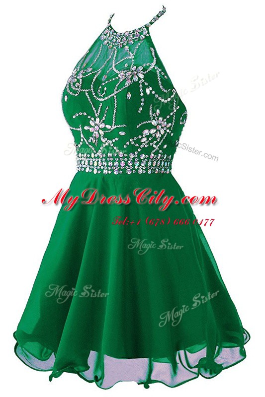 Scoop Sleeveless Organza Mini Length Zipper in Green with Beading and Belt