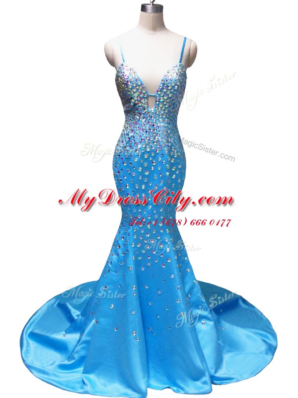 Designer Mermaid Sleeveless Satin With Train Court Train Zipper Prom Dresses in Baby Blue with Beading