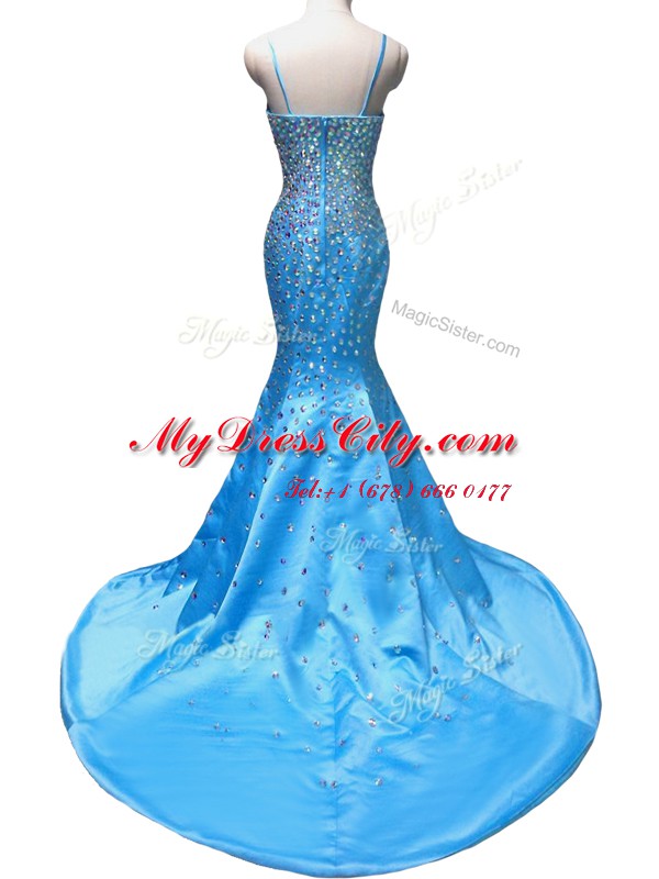 Designer Mermaid Sleeveless Satin With Train Court Train Zipper Prom Dresses in Baby Blue with Beading