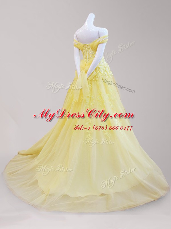 Best Selling Off the Shoulder Yellow Cap Sleeves Beading and Appliques Lace Up Prom Gown