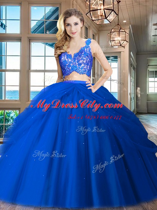 Fancy Sleeveless Floor Length Lace and Ruffled Layers Zipper Quince Ball Gowns with Royal Blue