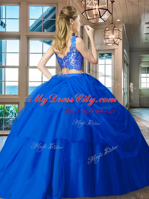 Fancy Sleeveless Floor Length Lace and Ruffled Layers Zipper Quince Ball Gowns with Royal Blue