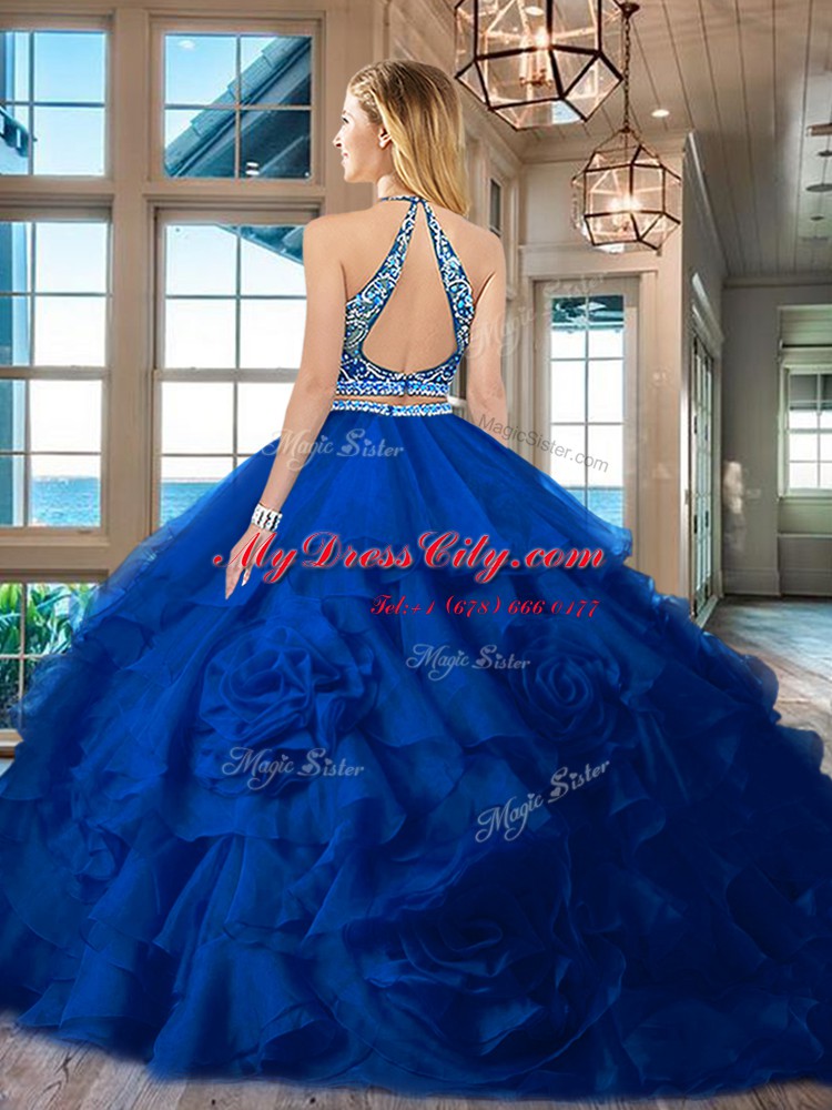 Two Pieces Quinceanera Gowns Red Scoop Organza Sleeveless Floor Length Backless