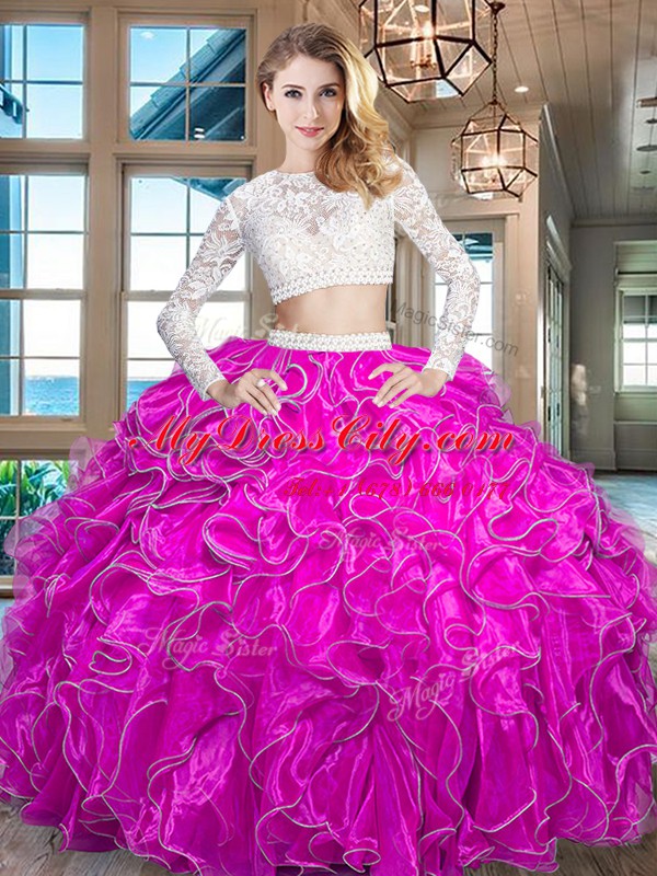 Fuchsia Two Pieces Scoop Long Sleeves Organza Floor Length Zipper Beading and Lace and Ruffles Sweet 16 Quinceanera Dress