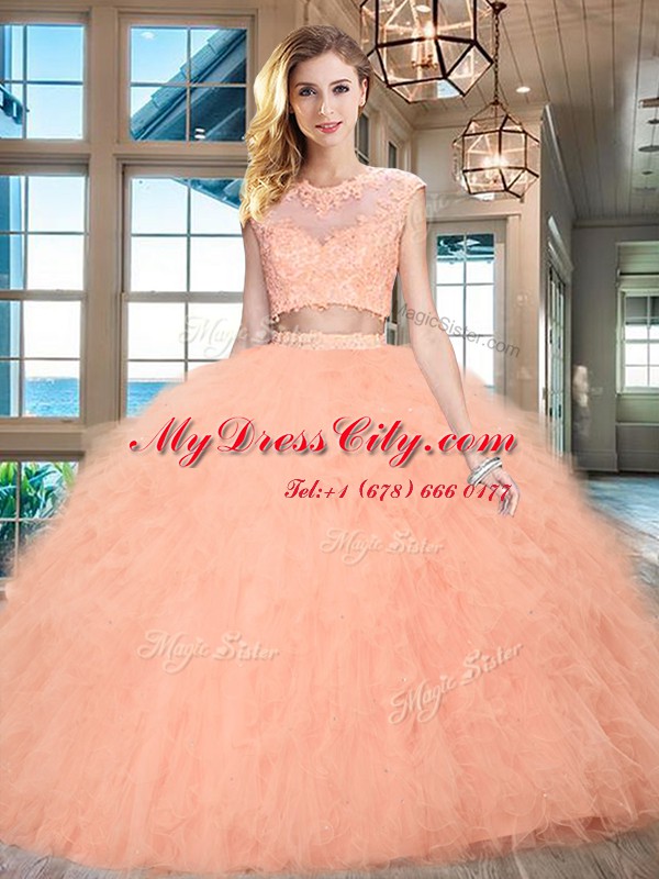 Fashion Two Pieces 15 Quinceanera Dress Peach Scoop Tulle Cap Sleeves Floor Length Zipper