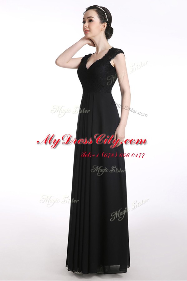Pretty Floor Length A-line Cap Sleeves Black Dress for Prom Zipper