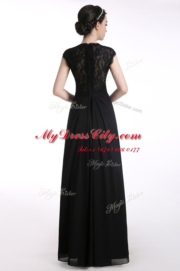Pretty Floor Length A-line Cap Sleeves Black Dress for Prom Zipper