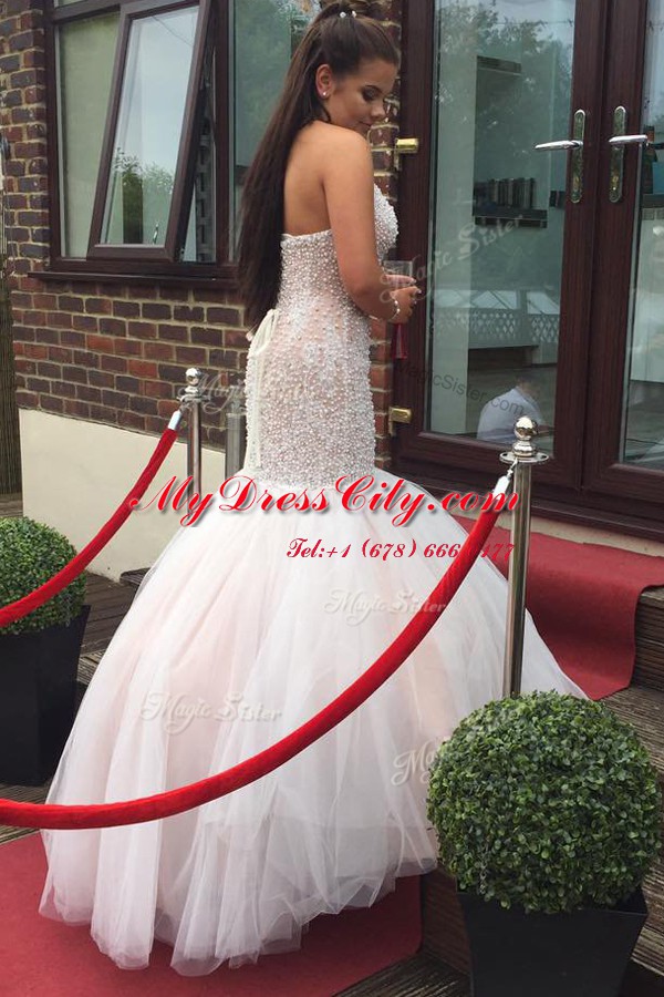 Mermaid White Evening Wear Prom and For with Beading and Ruching Halter Top Sleeveless Backless