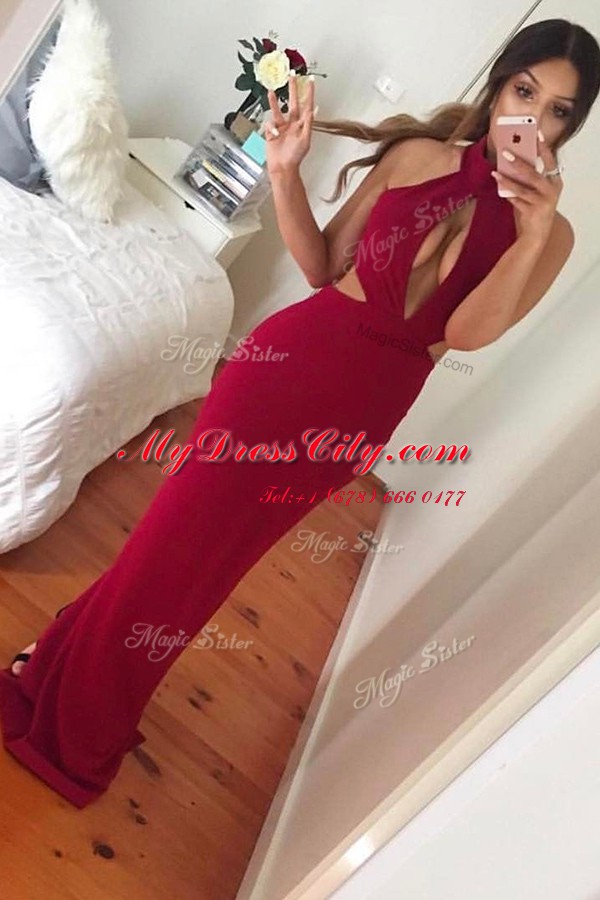 Mermaid Wine Red Elastic Woven Satin Zipper High-neck Sleeveless Floor Length Prom Evening Gown Ruching