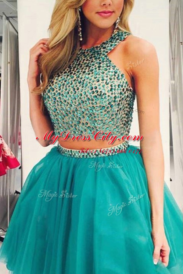 Clearance Scoop Sleeveless Organza Knee Length Zipper Prom Gown in Turquoise with Beading