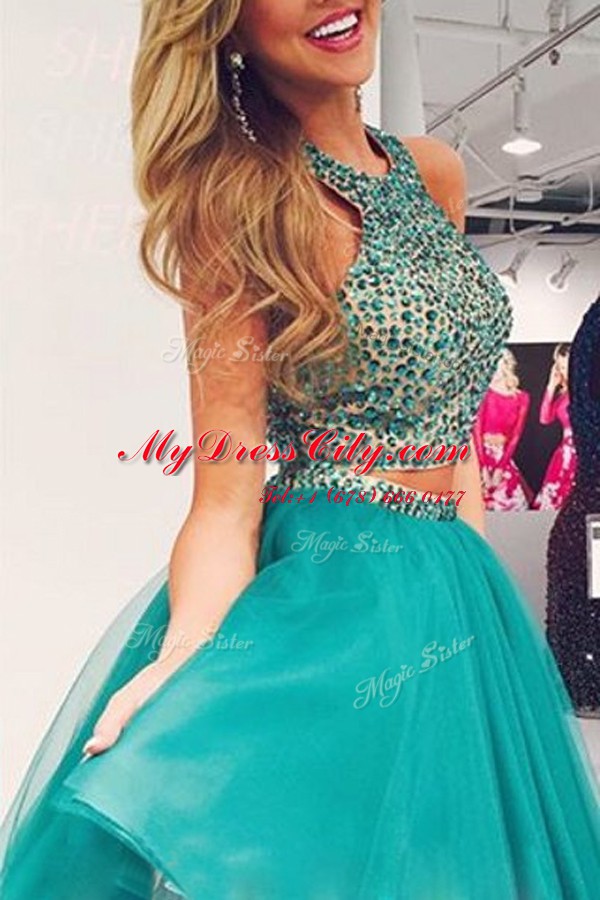Clearance Scoop Sleeveless Organza Knee Length Zipper Prom Gown in Turquoise with Beading
