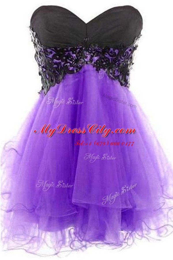 Hot Selling Lavender A-line Appliques Prom Dress Lace Up Tulle Sleeveless Mini Length