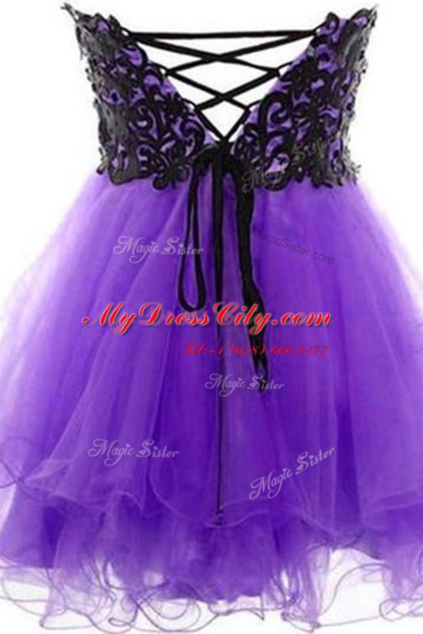 Hot Selling Lavender A-line Appliques Prom Dress Lace Up Tulle Sleeveless Mini Length