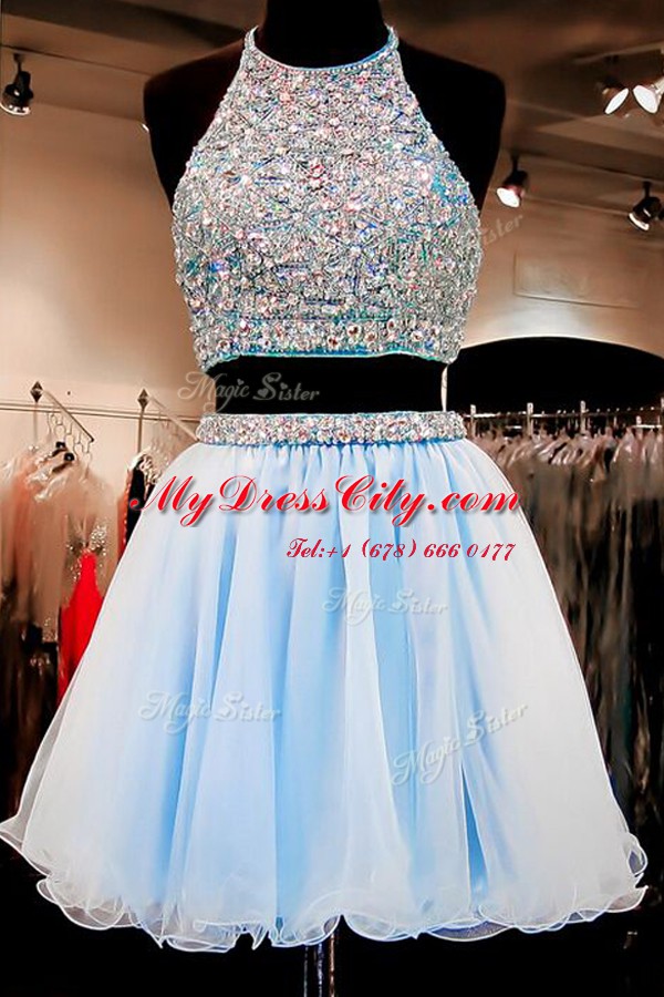 Fancy Halter Top Sleeveless Chiffon Mini Length Backless in Light Blue with Beading