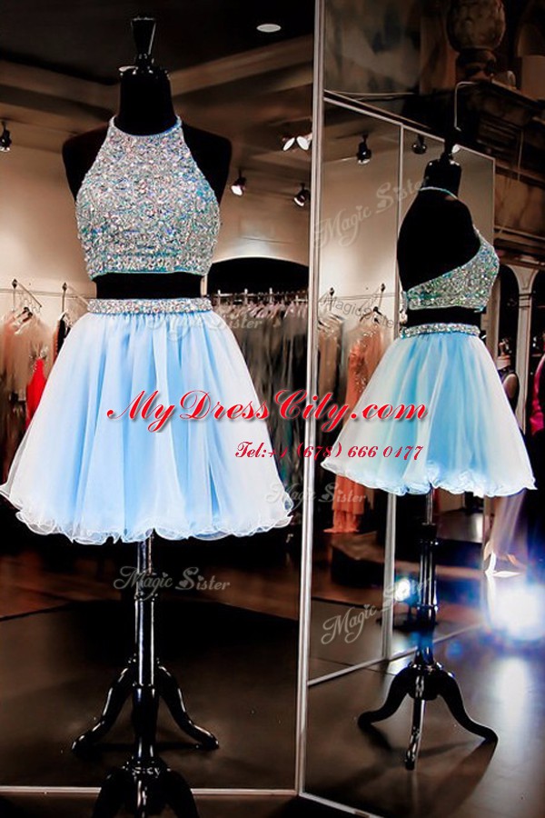 Fancy Halter Top Sleeveless Chiffon Mini Length Backless in Light Blue with Beading