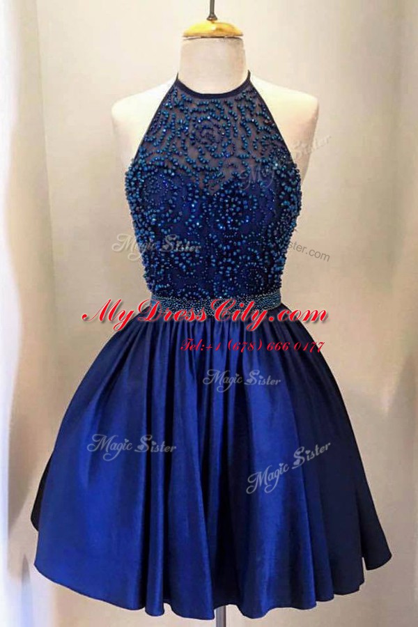 Knee Length Backless Homecoming Dress Royal Blue for Party with Beading