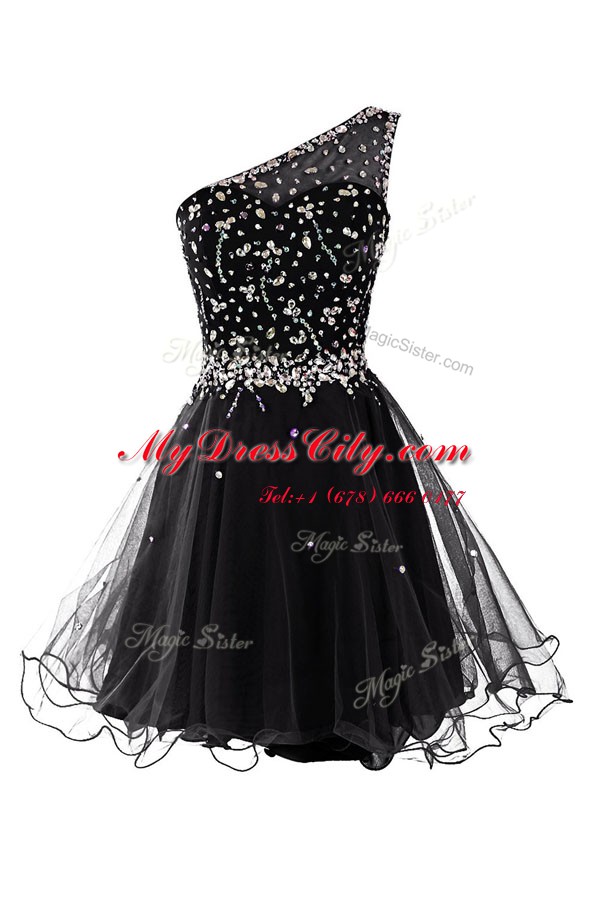 One Shoulder Black Organza Side Zipper Prom Gown Sleeveless Mini Length Beading
