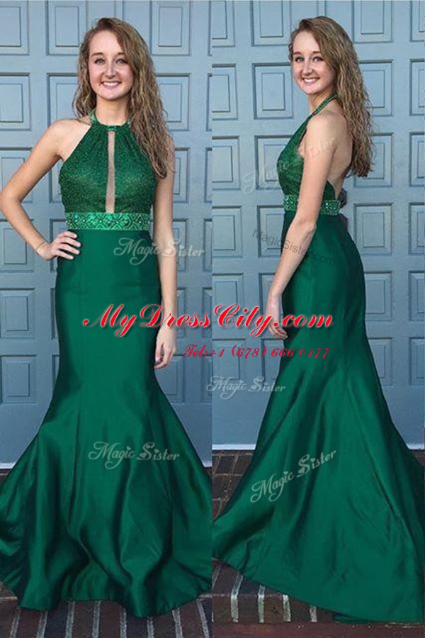 Green Mermaid Halter Top Sleeveless Satin With Train Sweep Train Backless Beading and Lace Prom Dresses