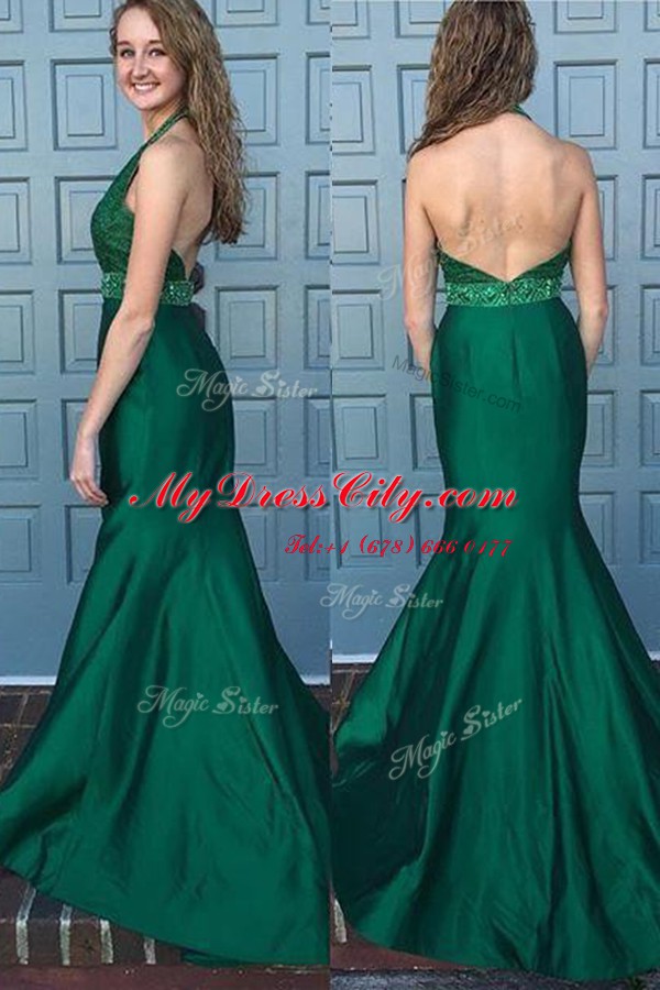 Green Mermaid Halter Top Sleeveless Satin With Train Sweep Train Backless Beading and Lace Prom Dresses