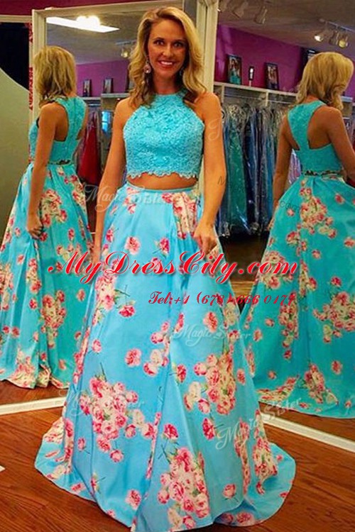 Aqua Blue A-line Halter Top Sleeveless Satin Sweep Train Zipper Lace and Embroidery Prom Party Dress