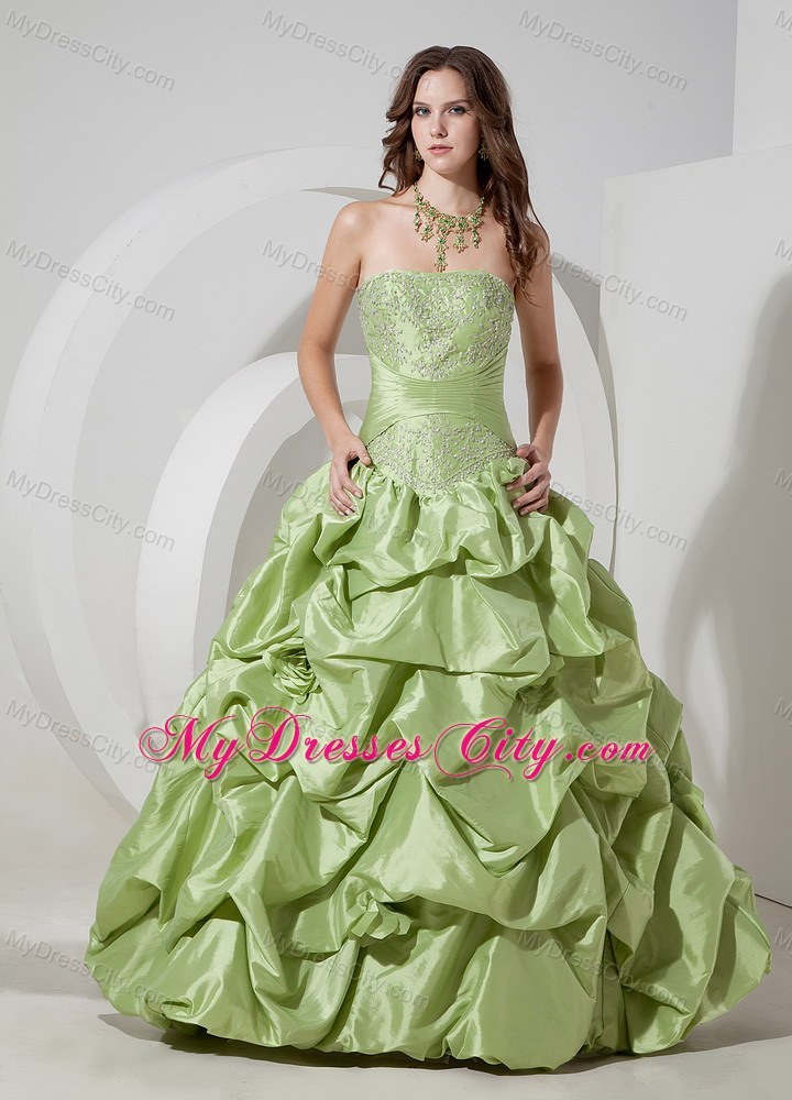 Strapless Yellow Green A-line Prom Dress Appliques Floor-length ...