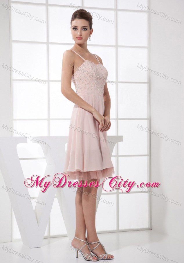 Spaghetti Straps Light Pink Short Prom Dress With Beaded Bodice