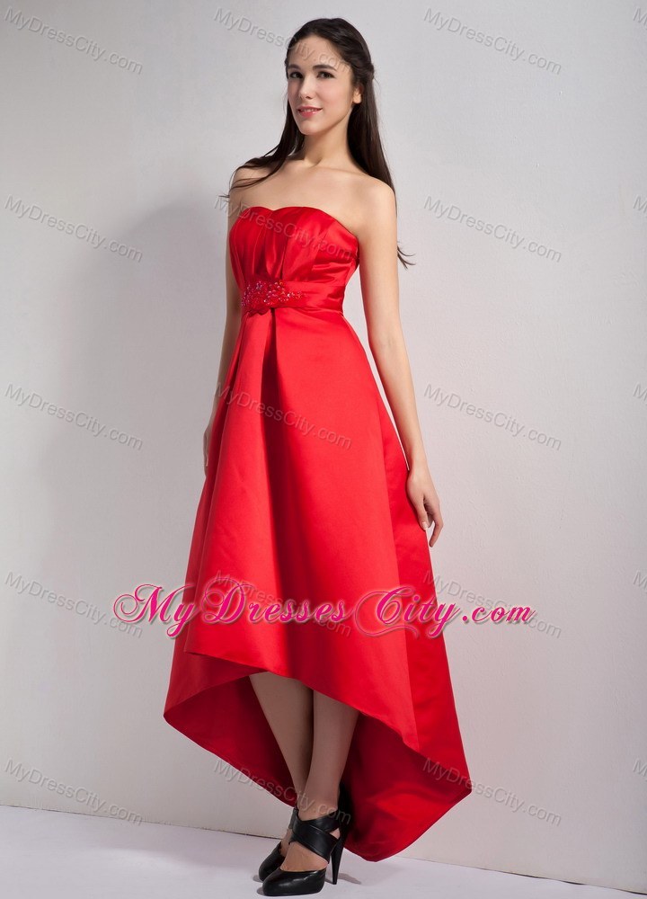 High-low Red A-line Strapless Satin Prom Dress with Appliques