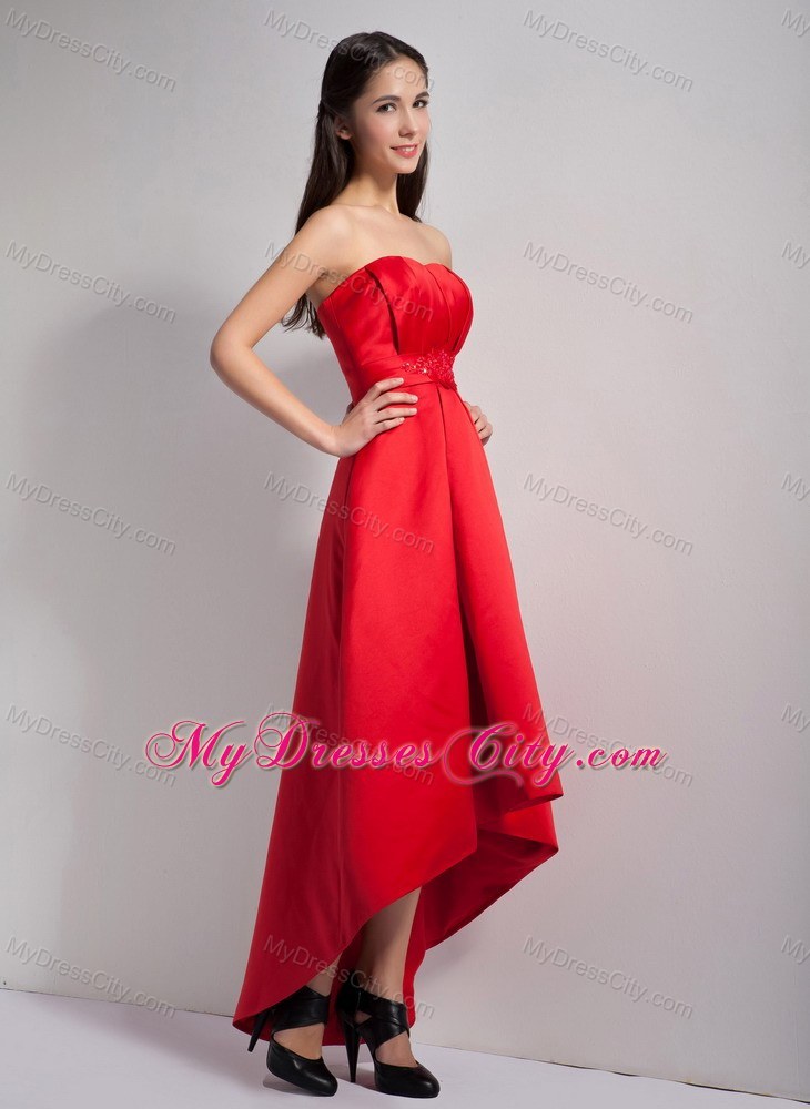 High-low Red A-line Strapless Satin Prom Dress with Appliques
