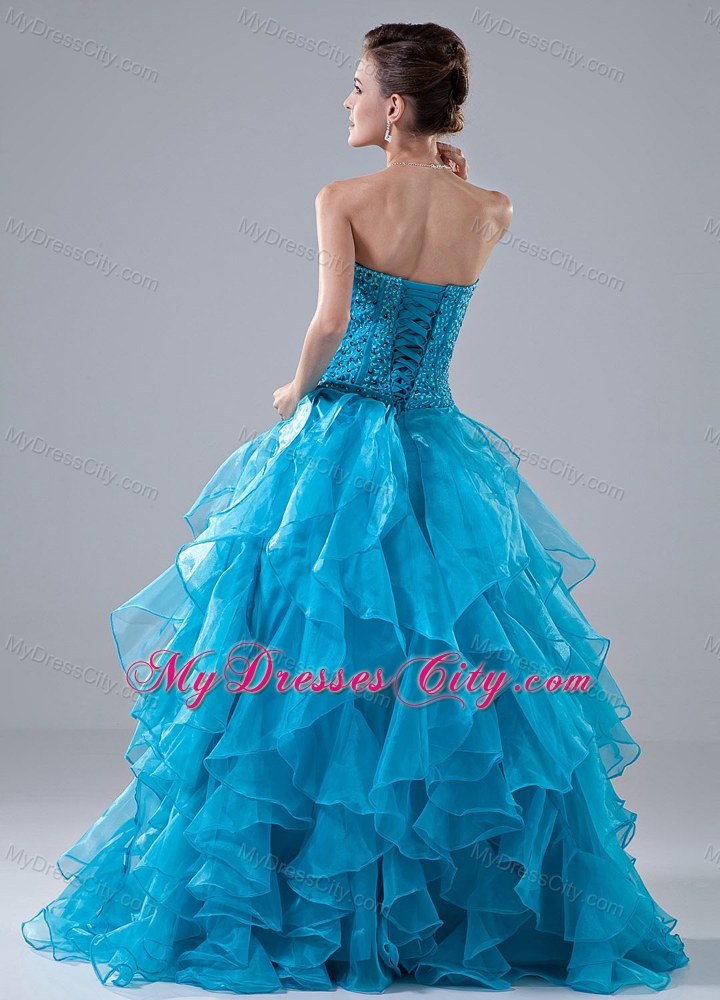 Beading Sweetheart A-Line Ruffles Blue Floor-length Prom Dress