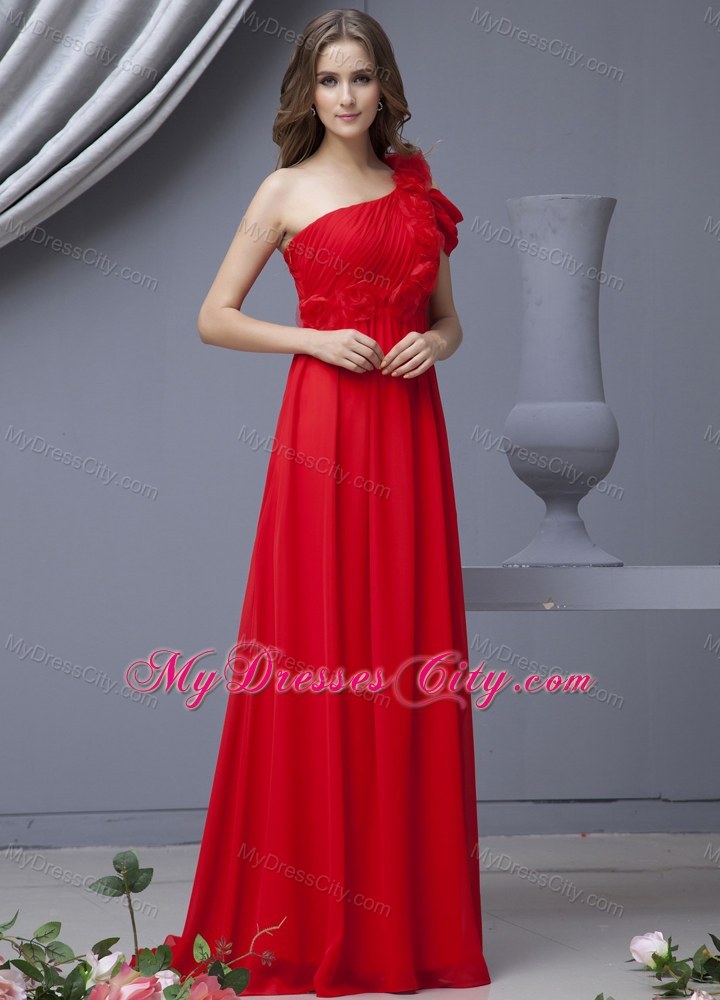 Red Hand Flower Prom Dress Watteau Train Chiffon With One Shoulder