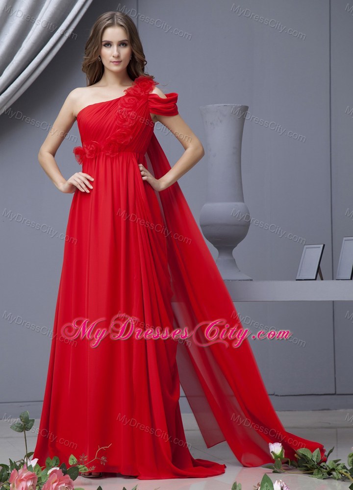 Red Hand Flower Prom Dress Watteau Train Chiffon With One Shoulder