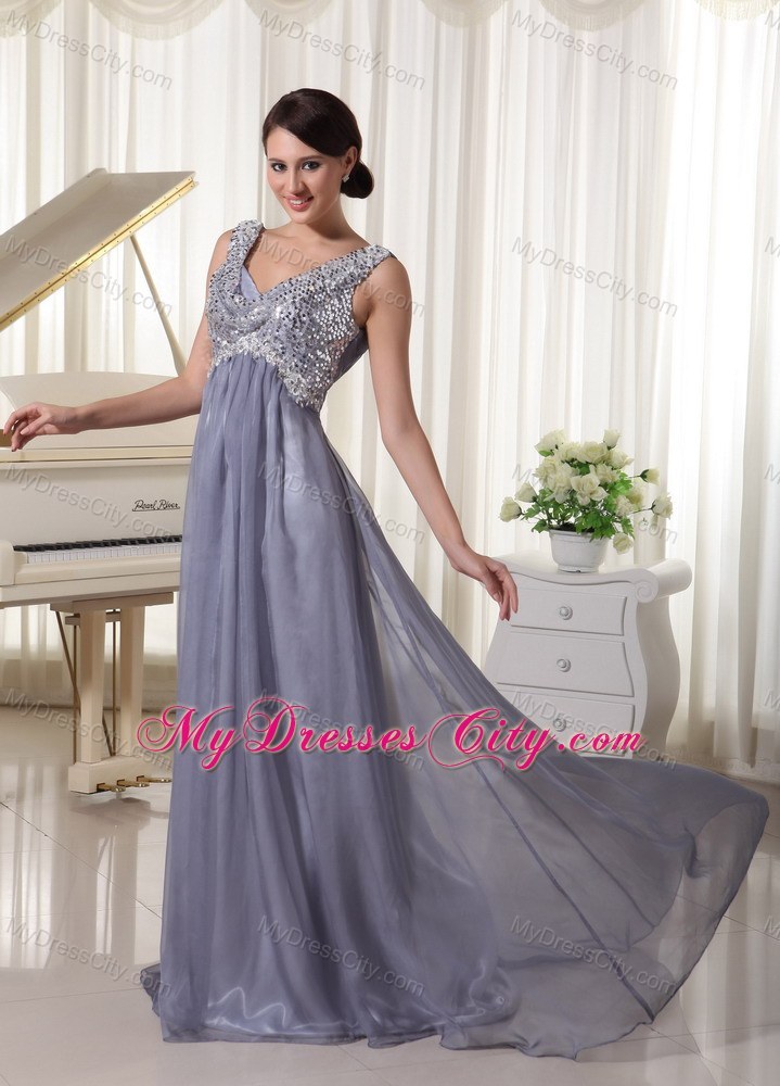 Grey Sequins V-neck Brush Train Dress For Prom